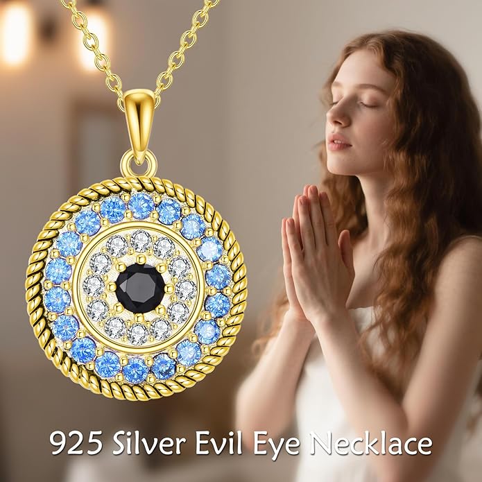 YFN Evil Eye Pendant Necklace for Women 925 Sterling Silver Greek Protection Jewelry with Blue Sapphire and Black Cz Amulet Gift