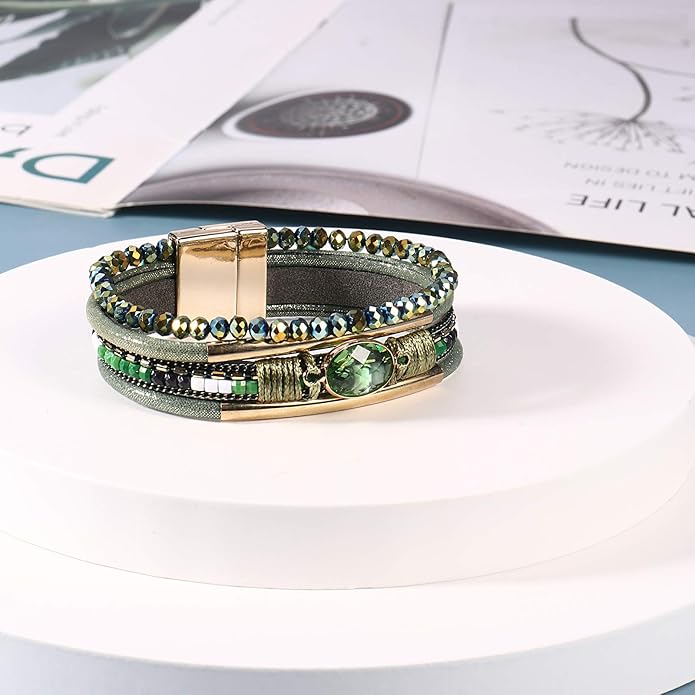 FANCY SHINY Leather Wrap Bracelets Crystal Beads Bracelet Boho Cuff Stone Charm Bracelets with Clasp Costume Jewelry for Women