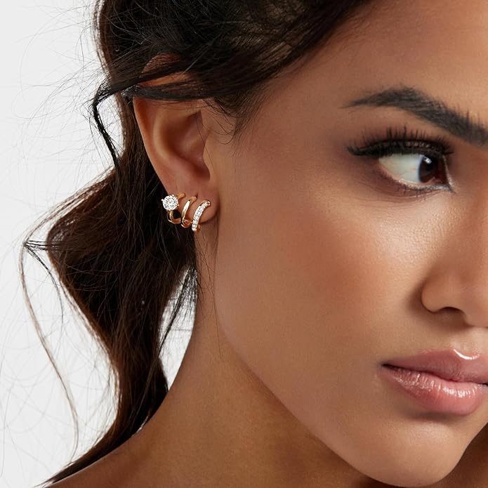 14K Gold Plated Hoop Earrings for Women Triple Huggie Illusion Stud Earring | Double Huggie Hoop Earrings for One Hole | Claw Ear Cuff Earring Jewelry Gift for Women