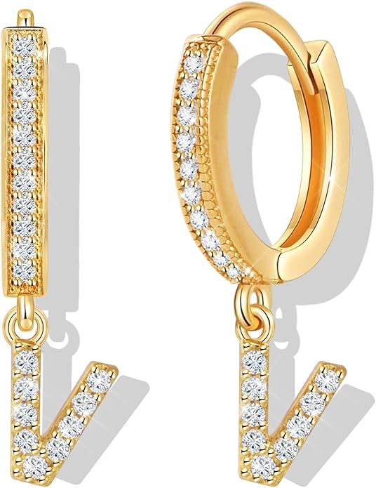 18K Gold Filled Initial Dangle Hoop Earrings for Women, 1 Pair CZ Hypoallergenic Alphabet Letter A-Z Drop Dangle Dainty Gold Earrings, Small Huggie Hoop Earrings with Cubic Zirconia Gifts Jewelry