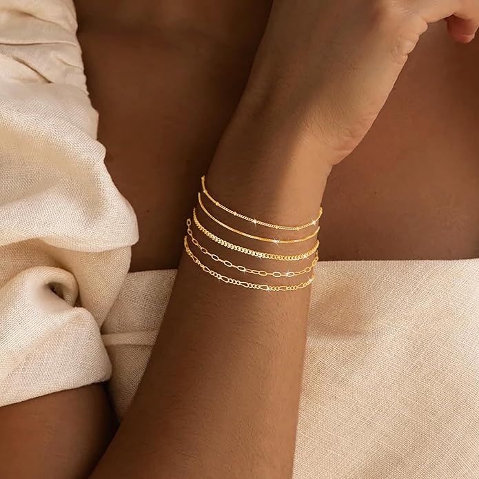 Gold Bracelets for Women Trendy,14K Gold Plated Dainty Stackable Paperclip Cuban Link Chain Bracelets, Simple Cute Cuff Bracelets Jewelry Set Adjustable 7"+2"