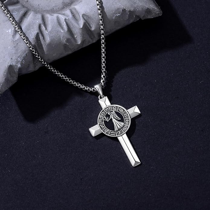 MEIDERBO Cross Zodiac Necklace 925 Sterling Silver 12 Constellation Horoscope Astrology Pendant Necklace Zodiac Sign Jewelry Gifts for Men Women