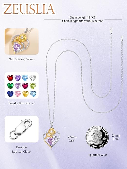 Zeuslia Double Birthstone Necklace Gifts for Wife - 925 Sterling Silver Sunflower/Rose/Crown Cross/Compass/Heart Pendant I Love You Necklace, Anniversary Birthday Gifts for Wife Girlfriend Mom Her