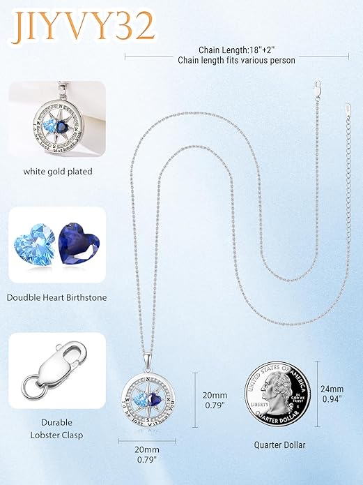 Compass Birthstones Necklace for Women, Exquisite Anniversary Birthday Gifts for Wife Her Double Birthstone Pendant jewelry ‘I'd be Lost Without You’
