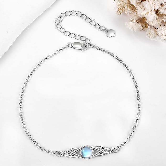 VONALA 925 Sterling Silver Celtic Anklet for Women Irish Moonstone Ankle Bracelet Moonstone Anklet Knot Viking Gemstone Jewelry