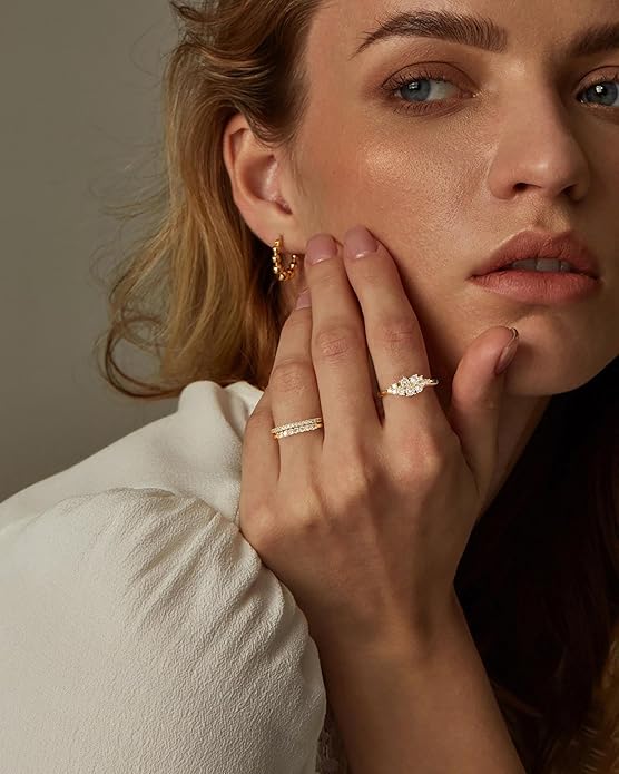 Stackable Gold Rings for Women Non Tarnish Dainty 14K Gold Plated 3PCS Cubic Zirconia Thumb Ring Set Trendy Statement Promise Wedding Bands Engagement Rings Size 6 7 8 9 10