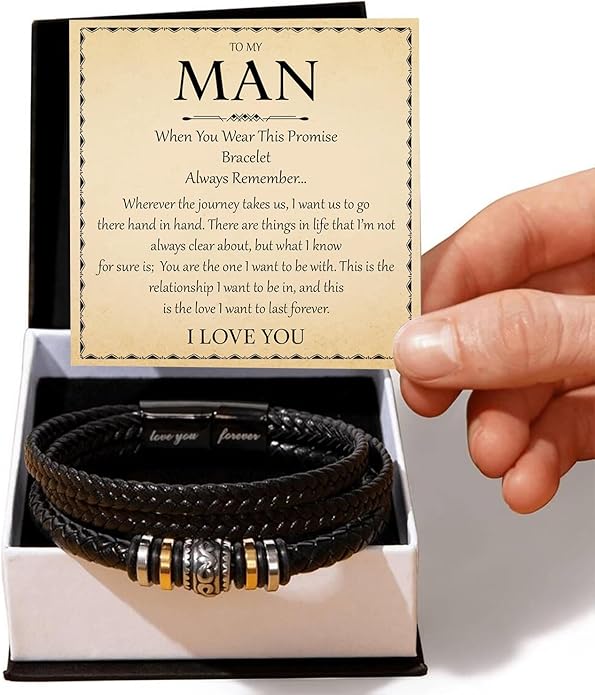 Mapileng To My Man – Braided Leather & Stainless Steel Bracelet with Heartfelt ‘Love You Forever’ - Elegant Gift Box Included, Gift from Girlfriend or Wife for Husband, Boyfriend, or Brother