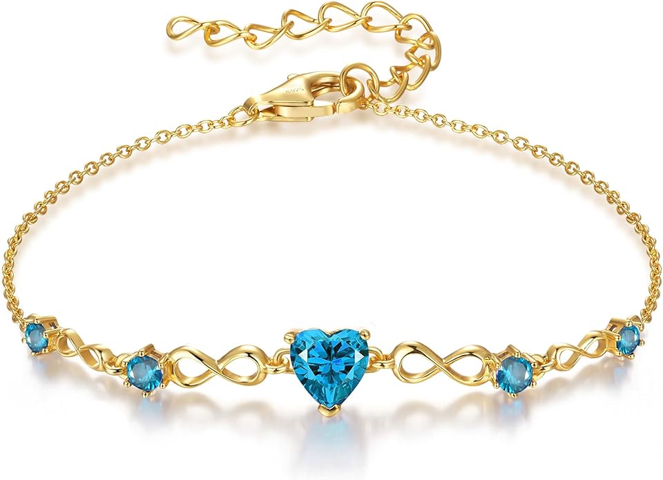 G&GEMSJEW Infinity Heart Birthstone Bracelets for Women, 925 Sterling Silver Women Charm Link Bracelet Adjustable, Birthday Anniversary Christmas Jewelry Gifts for Women Wife Mom Girlfriend Her