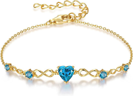 G&GEMSJEW Infinity Heart Birthstone Bracelets for Women, 925 Sterling Silver Women Charm Link Bracelet Adjustable, Birthday Anniversary Christmas Jewelry Gifts for Women Wife Mom Girlfriend Her