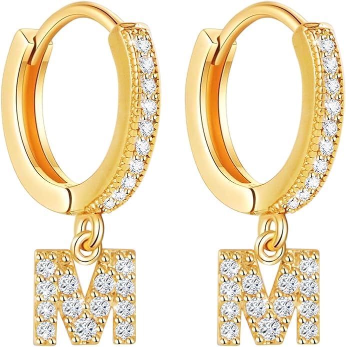 18K Gold Filled Initial Dangle Hoop Earrings for Women, 1 Pair CZ Hypoallergenic Alphabet Letter A-Z Drop Dangle Dainty Gold Earrings, Small Huggie Hoop Earrings with Cubic Zirconia Gifts Jewelry