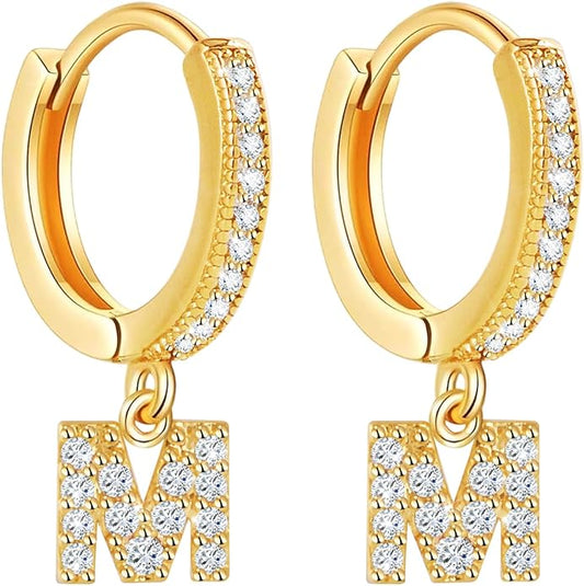 18K Gold Filled Initial Dangle Hoop Earrings for Women, 1 Pair CZ Hypoallergenic Alphabet Letter A-Z Drop Dangle Dainty Gold Earrings, Small Huggie Hoop Earrings with Cubic Zirconia Gifts Jewelry