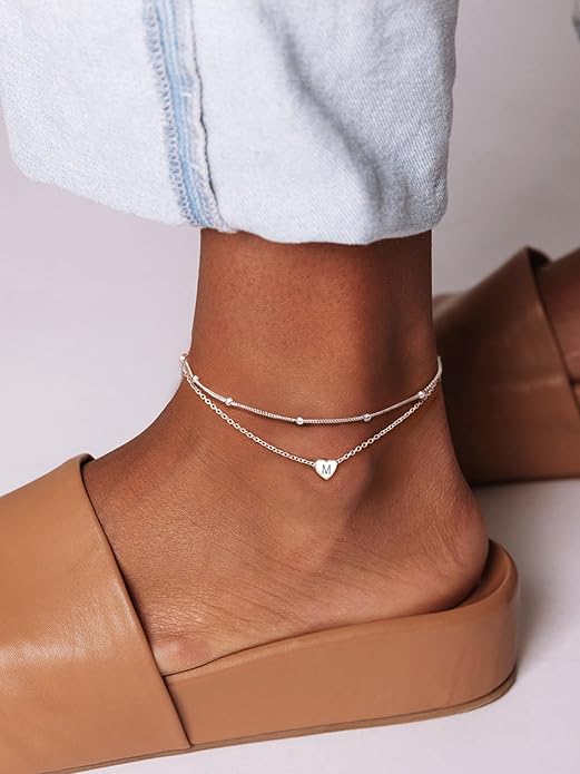 ChicSilver Sterling Silver Anklets for Women 925 Ankle Bracelets for Women Layered Heart Anklet With Beaded Anklets for Women