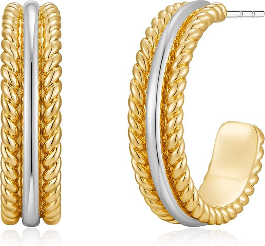 Twisted Cable Hoop Earrings Two Toned Earrings for Women Open C Hoops Chic Mixed Metal Jewelry