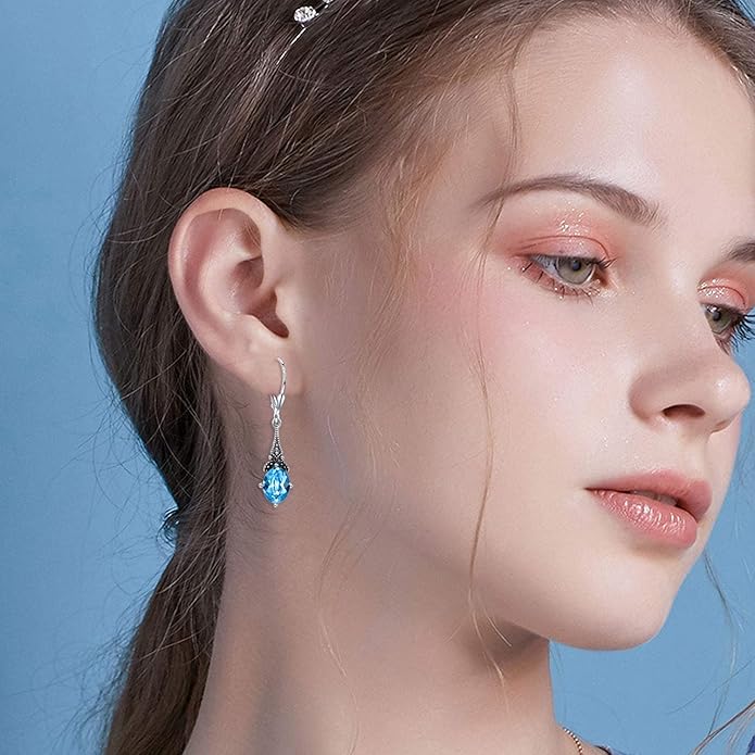 AOBOCO Vintage Earrings for Women Sterling Silver Retro Drop Dangle Leverback Earrings with 8x6mm Oval Genuine or Simulated Birthstone Crystal from Austria, Anniversary Jewelry Gifts for Her Women