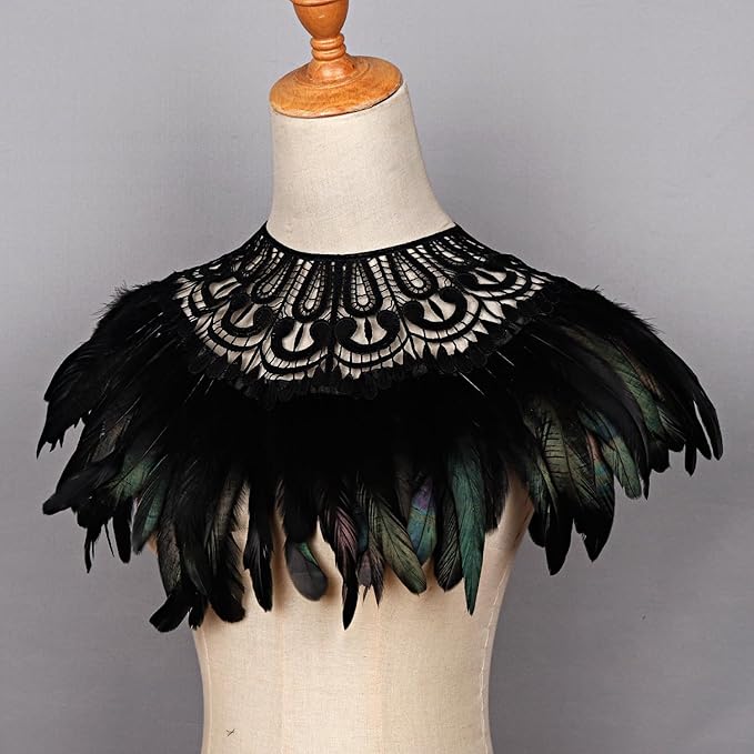 L'VOW Real Black Feather Harness Lace Collar Necklace Bib Halloween