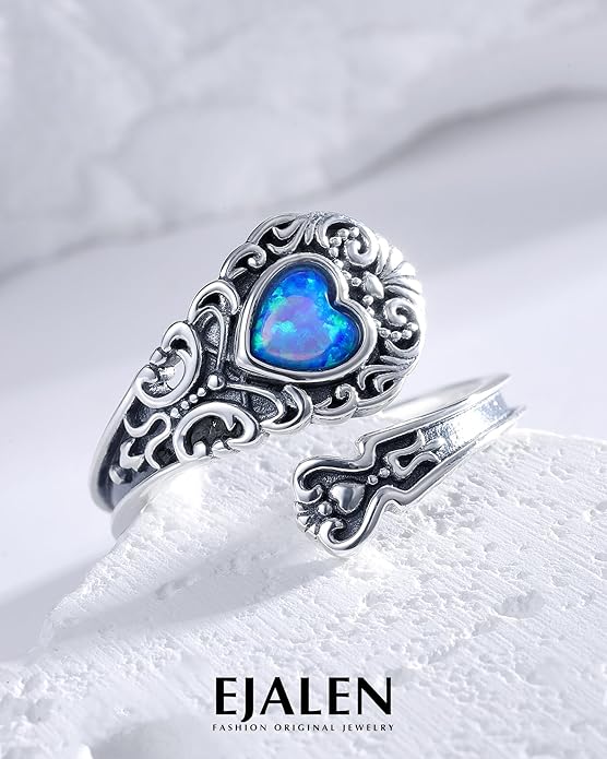 S925-Sterling-Silver Abalone Dragonfly-Turquoise Spoon Ring - Vintage Boho Sunflower Thumb Oxidized Wrap Rings Victorian Style Antique Floral Jewelry Gifts for Women
