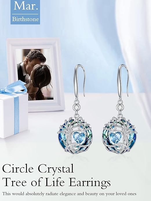 TOUPOP Tree of Life Birthstone Earrings for Women 925 Sterling Silver Family Tree Dangle Earrings Austrian Crystal Jewelry Birthday Christmas Gifts for Her Girlfriend Wife Mom
