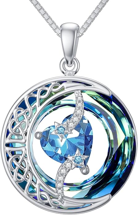 TOUPOP Christmas Gifts Birthstone Necklace 925 Sterling Silver Moon and Star Pendant with Blue Crystal Celtic Moon Jewelry Birthday Gifts for Women Mom Wife Her Daughter