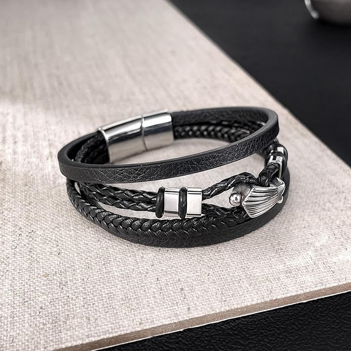 Italian Handmade Genuine Leather Bracelets for Men Stainless Steel Clip, Men's Casual Genuine Multi-layer Cuff Bracelet, Bracelet Gift for Real Men