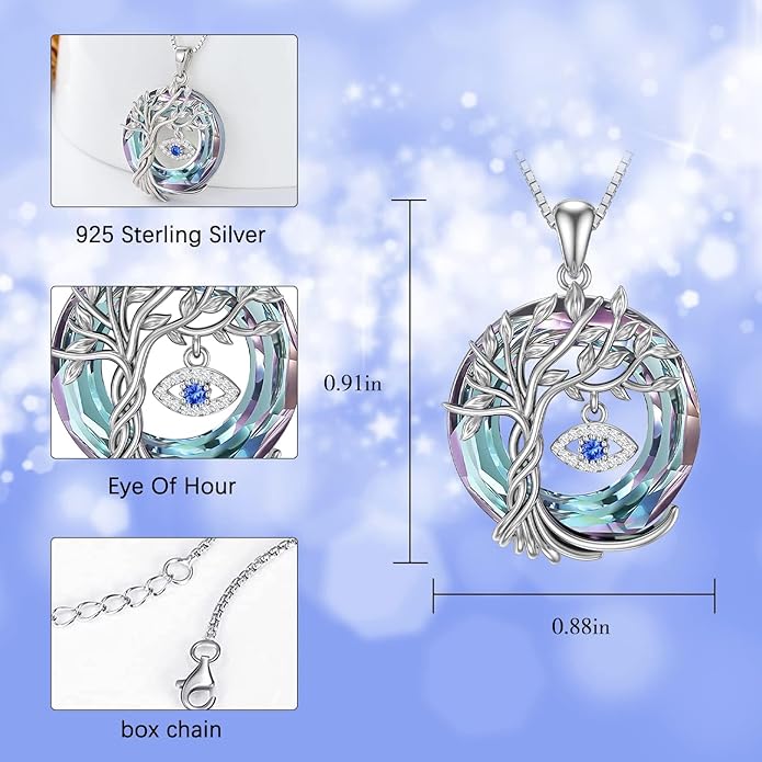 TOUPOP Evil Eye Necklace 925 Sterling Silver Tree of Life Circle Crystal Pendant Necklace Protection Jewelry Amulet Christmas Gifts for Women Her