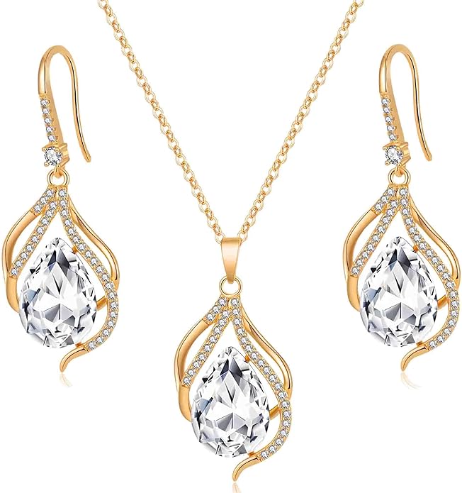 EVEVIC Austrian Crystals Teardrop Hollow Twisted Pendant Necklace Earrings for Women 14K Gold Plated Halo Drop Dangle Earrings Hypoallergenic Jewelry Set