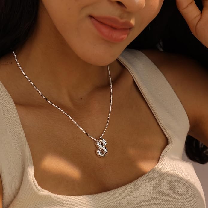 Initial Necklaces for Women, 14k Gold Plated Bubble Letter Necklace Chunky Gold Necklace Dainty Charm Initial Necklaces for Women Trendy Custom Preppy Stocking Stuff Necklace Christmas Gifts