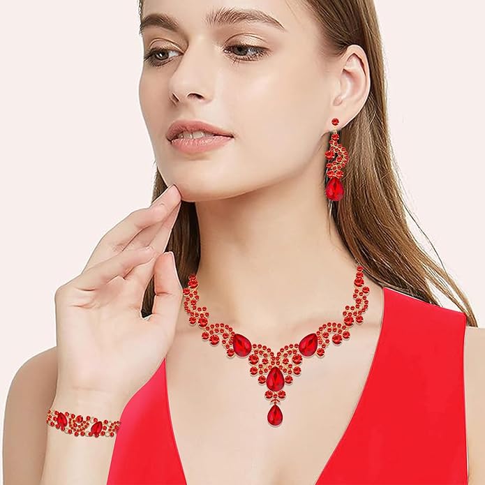 Paxuan Crystal Bridal Wedding Jewelry Sets for Women Rhinestone Teardrop Crystal Statement Choker Necklace Drop Earrings Link Bracelets Rings Teardrop Jewelry Set for Brides Bridesmaids