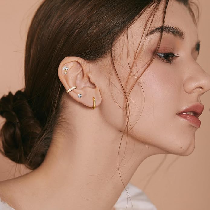 Gold Hoop Earrings for Women - 4 Pairs 14K Gold Plated Dainty Huggie Stacks Set for Multiple Piercing, Hypoallergenic Cartilage Earrings CZ Trendy Fashion Jewelry