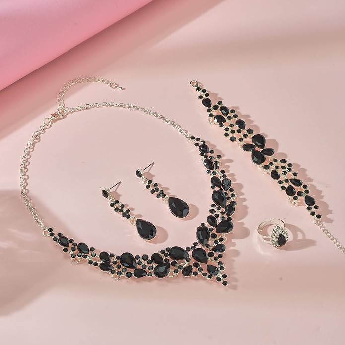 Paxuan Crystal Bridal Wedding Jewelry Sets for Women Rhinestone Teardrop Crystal Statement Choker Necklace Drop Earrings Link Bracelets Rings Teardrop Jewelry Set for Brides Bridesmaids