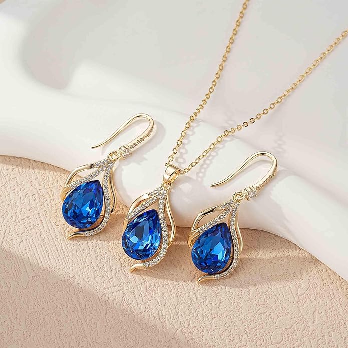 EVEVIC Austrian Crystals Teardrop Hollow Twisted Pendant Necklace Earrings for Women 14K Gold Plated Halo Drop Dangle Earrings Hypoallergenic Jewelry Set