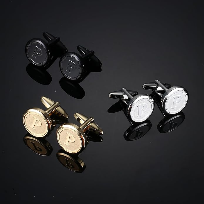 LOLIAS 3 Pairs Initial Cufflinks For Men Classic Mens CuffLinks Set Letter Cuff Links for Casual to Formal with Gift Box Silver Black 14K gold plated Cufflinks for Father Husband