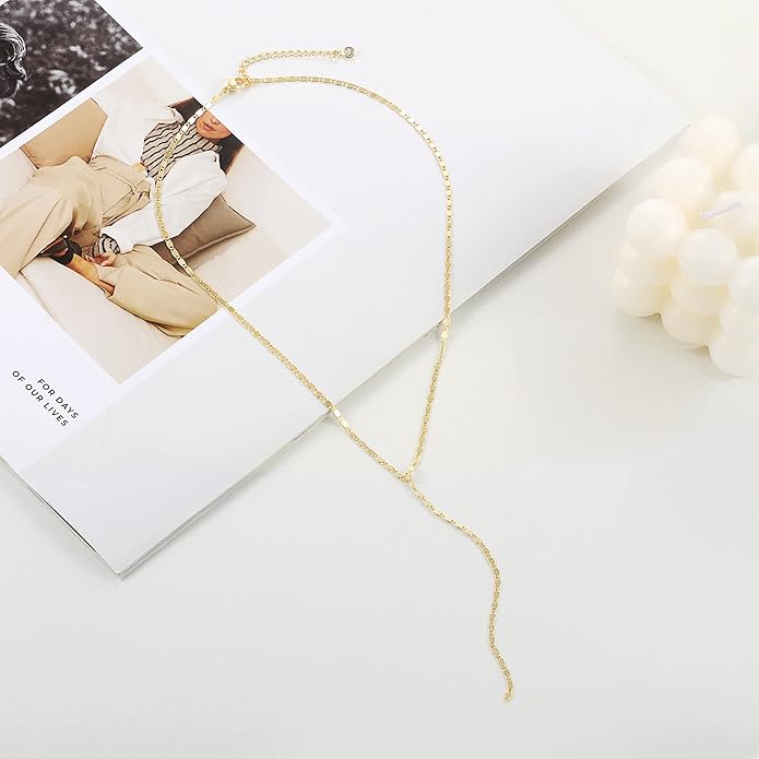 Foxgirl Lariat Gold Necklace for Women, Dainty Long Necklace 14k Gold Plated/Silver Y-Shaped Pendant Necklace Trendy Layered Cz Beaded Chain Drop Necklaces Simple Gold Jewelry For Women Gift