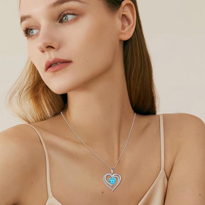 FJ Love Heart Necklace for Women 925 Sterling Silver Birthstone Pendant Anniversary Birthday Jewelry
