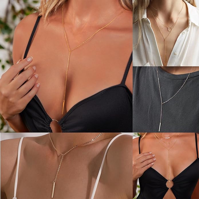 HAXIYA Lariat Gold Necklace for Women Dainty Long Necklace 14k Gold Plated/Silver Y-Shaped Pendant Drop Chain Trendy Layered Pearl/Beaded/CZ Necklaces Simple Gold Jewelry For Women Gift