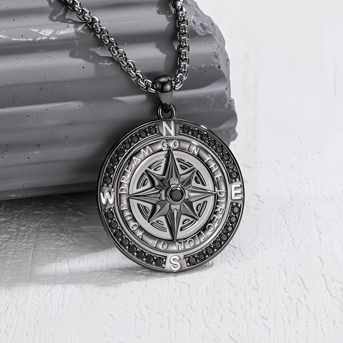 Go in the Direction of Your Dream Compass Necklace for Men 925 Sterling Silver Nautical Jewelry Inspiration Friendship Graduation Retirement Farewell Goodbye Gifts for Him (Adjustable Chain 22"+2")