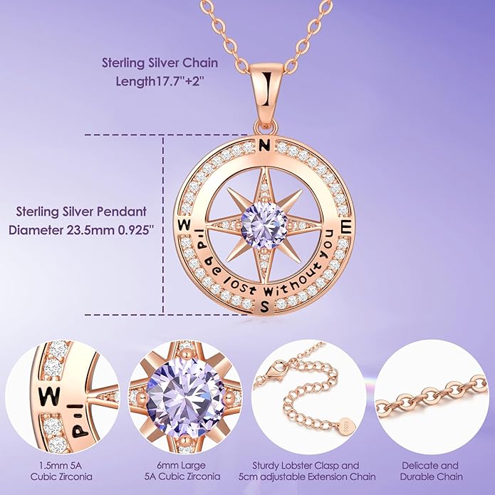 Zifeel Compass Necklace Gifts for Women wife - S925 Sterling Silver Birthstone Necklaces for Women - Anniversary Birthday Gifts for Her Wife Girlfriend - Valentines Mom Mothers Day Christmas Gifts Jewelry for Women