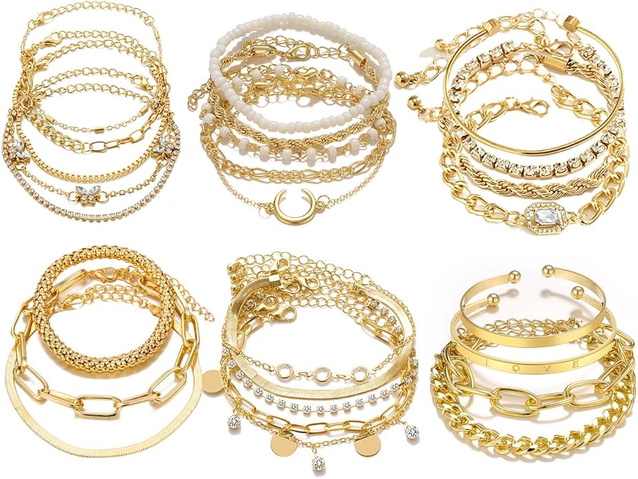 IFNODO 28pcs Gold Chain Bracelets Set for Women 14K Gold Plated Multiple Layered Bangle Adjustable Link Bracelet Anklet Fashion Accessories Jewelry Gift