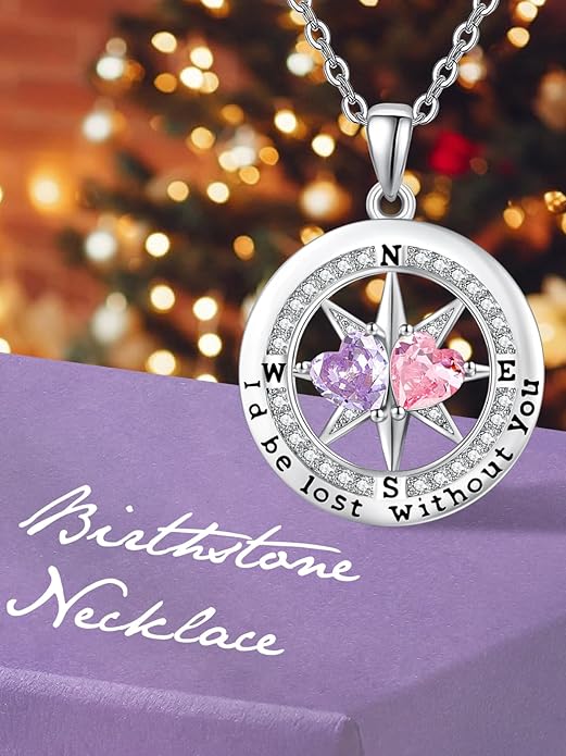 Compass Birthstones Necklace for Women, Exquisite Anniversary Birthday Gifts for Wife Her Double Birthstone Pendant jewelry ‘I'd be Lost Without You’