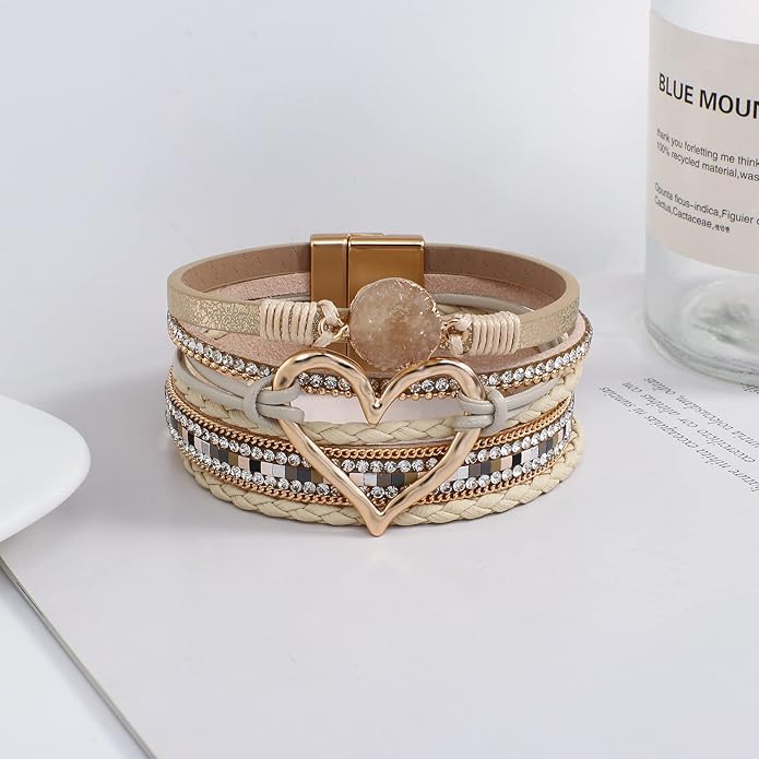 Leather Wrap Bracelet for Women Beaded Cuff Bracelet with Heart-shape Decor Bohemian Crystal Bracelet Jewelry with Clasp Bangle Bracelet for Women Girls Birthday Holiday Gift