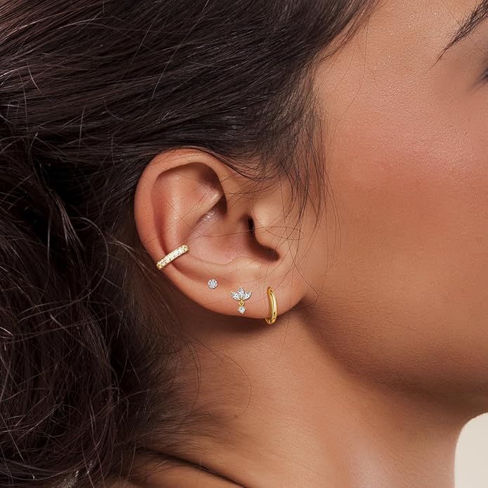 Gold Hoop Earrings for Women - 4 Pairs 14K Gold Plated Dainty Huggie Stacks Set for Multiple Piercing, Hypoallergenic Cartilage Earrings CZ Trendy Fashion Jewelry