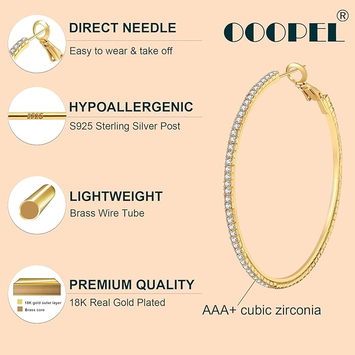 925 Sterling Silver Earrings Large Rhinestone Hoop Earrings Big Cubic Zirconia Hoop Earrings Thin Rhinestones Round Hoop Earrings for Women 20/30/40/50/60/70mm Sparkly Hoops With Crystals for Womens