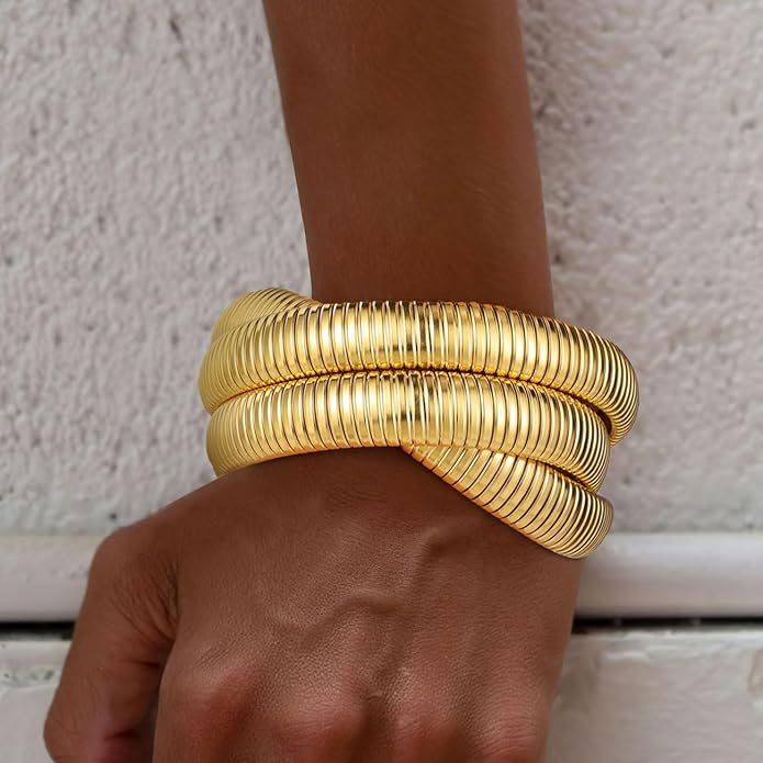 Emibele Gold Bangles Bracelet Set for Women, 18K Gold Plated Chunky Stainless Steel Non Tarnish Stretch Bracelet Stack, Flexible Wide Wristband Bangle Layered Snake Chain Bracelets