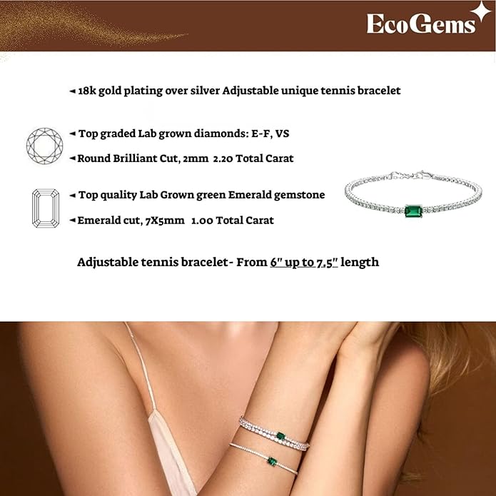 18K White/Yellow Gold Plated Silver Bracelet With Lab Grown Sapphire/Emerald/Ruby Surrounded With Lab Grown Diamond/Moissanite, Bracelet For Women Comes With Gift Box