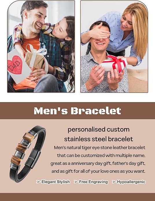 Leather Beads Bracelet Personalized Custom Bracelets for Men Leather Engraved Tiger Eye Initial Beacelet Gift for Husband Dad Mens Jewelry Gifts Valentines Christmas Birthday Fathers Day