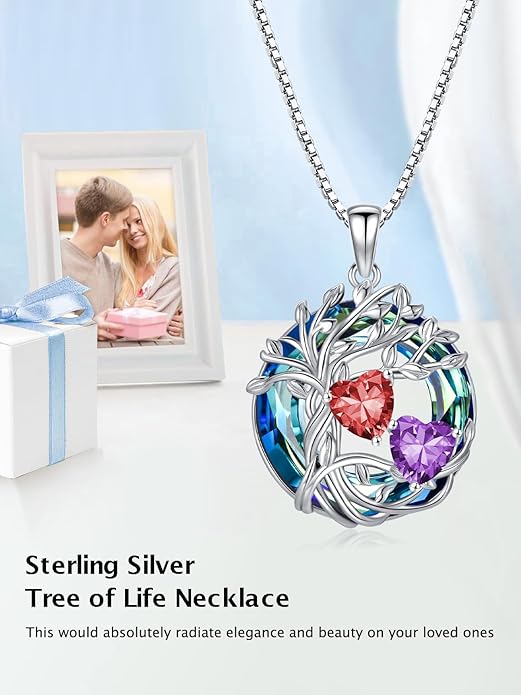 TOUPOP s925 Sterling Silver Family Celtic Tree of Life Pendant Necklaces with 2 Heart Birthstone with Blue Austrian Crystal Jewelry Birthday Anniversary Christmas Gifts for Her Wife Girlfriend Mom (18K Real White Gold Filled)