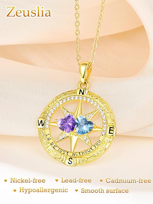 Zeuslia Double Birthstone Necklace Gifts for Wife - 925 Sterling Silver Sunflower/Rose/Crown Cross/Compass/Heart Pendant I Love You Necklace, Anniversary Birthday Gifts for Wife Girlfriend Mom Her