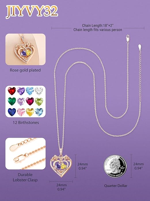 JIYVY32 Rose Heart Necklace for Women Exquisite 925 Sterling Silver Anniversary Birthday Gifts for Wife Mom Her Double Birthstone Pendant Jewelry