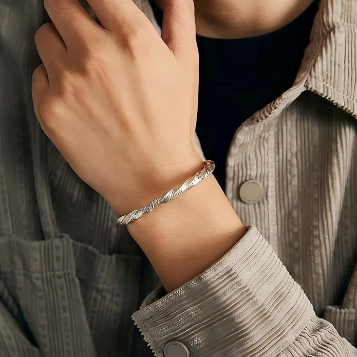 Kim Carrey S925 Sterling Silver Bracelet, Open Bangle Cuff Design, Men's Stacked Bracelets Gift Jewelry for My Man