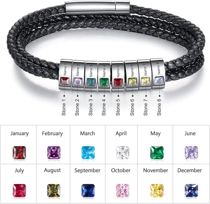 kaululu Custom Leather Bracelet for Men with 1/2/3/4/5/6/7/8 Birthstones Engraved Stainless Steel Beads Personalized Names Bracelet for Father's Day Christmas Thanksgiving Gift for Men