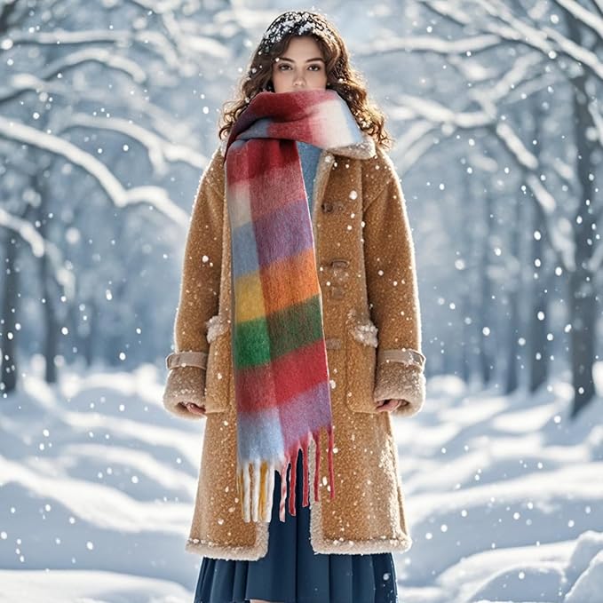 SHOHOKU Large Chunky Plaid Scarf Coloured Checked Oversized Scarf Tassel Soft Fall Winter Thick Warm Shawl Women